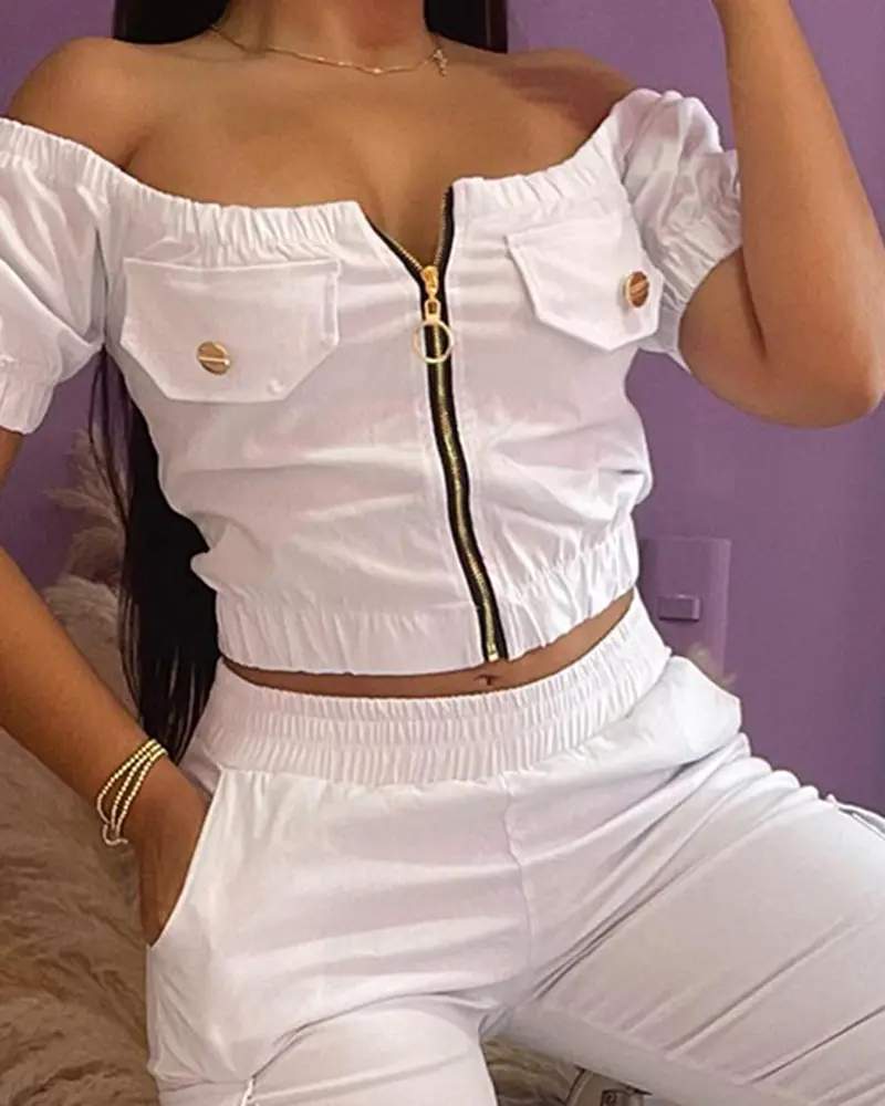 OFF SHOULDER ZIPPER DESIGN TOP CUFFED PANTS SET
