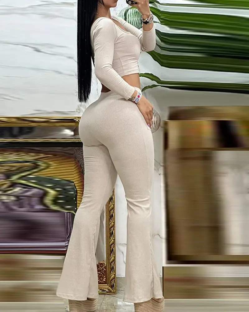 SQUARE NECK BUTTONED TOP POCKET DESIGN FLARED PANTS SET