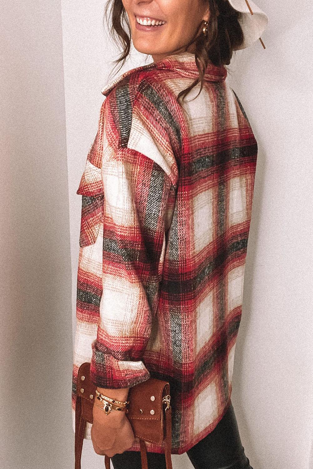 Red Turn down Neck Plaid Pocket Button Closure Coat