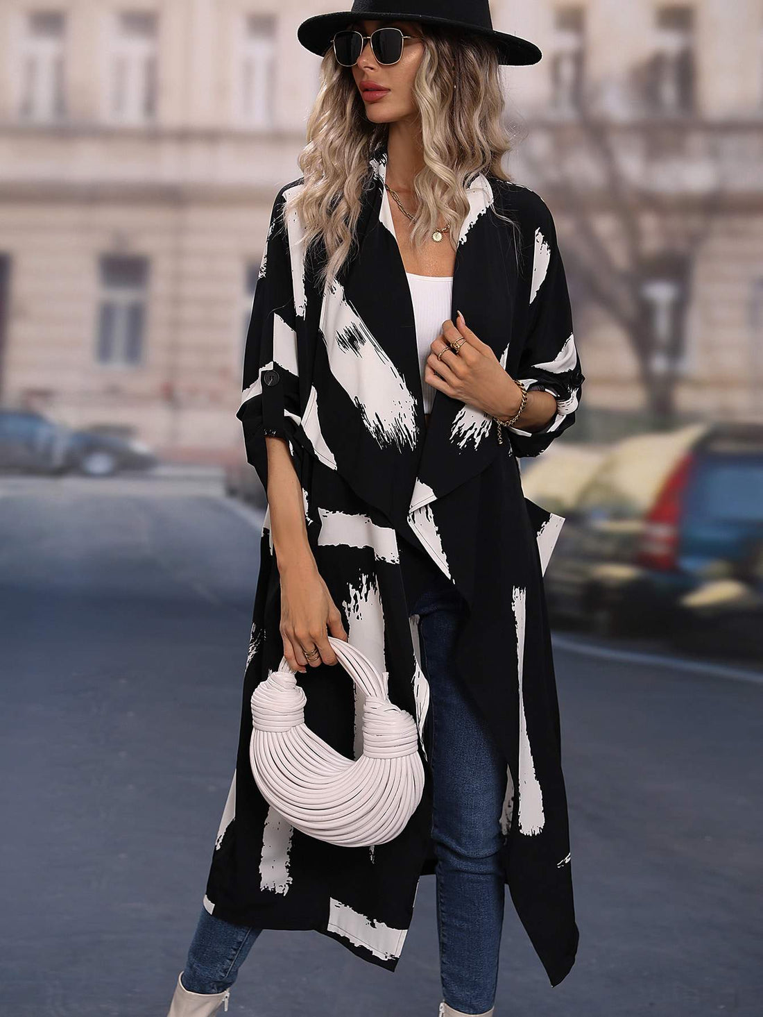 BRUSH STROKES PRINT DROP SHOULDER LONGLINE COAT