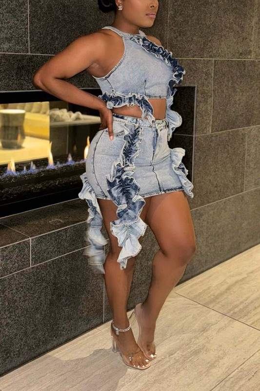 DENIM STRINGY SELVEDGE CROPPED SKIRT SETS