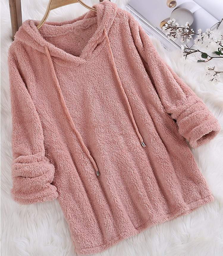 SOLID COLOR LONG SLEEVE HOODED PLUSH SWEATER PAJAMAS WOMEN