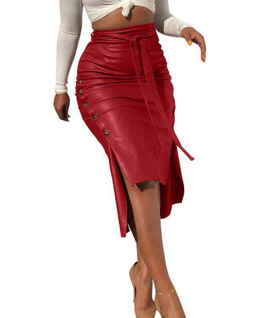 PU Leather Slit Tied Detail Ruched Buttoned Skirt