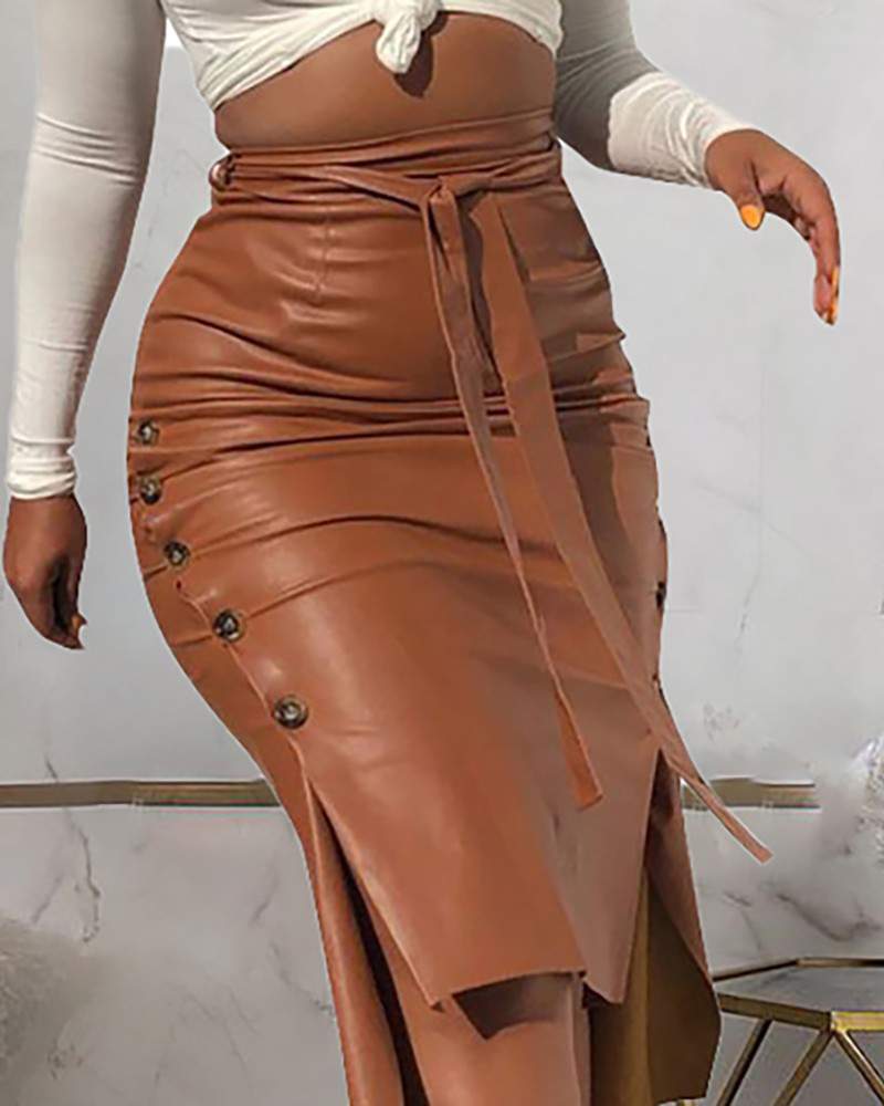 PU Leather Slit Tied Detail Ruched Buttoned Skirt