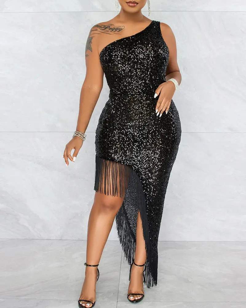 Sequin Fringe One Shoulder Dress