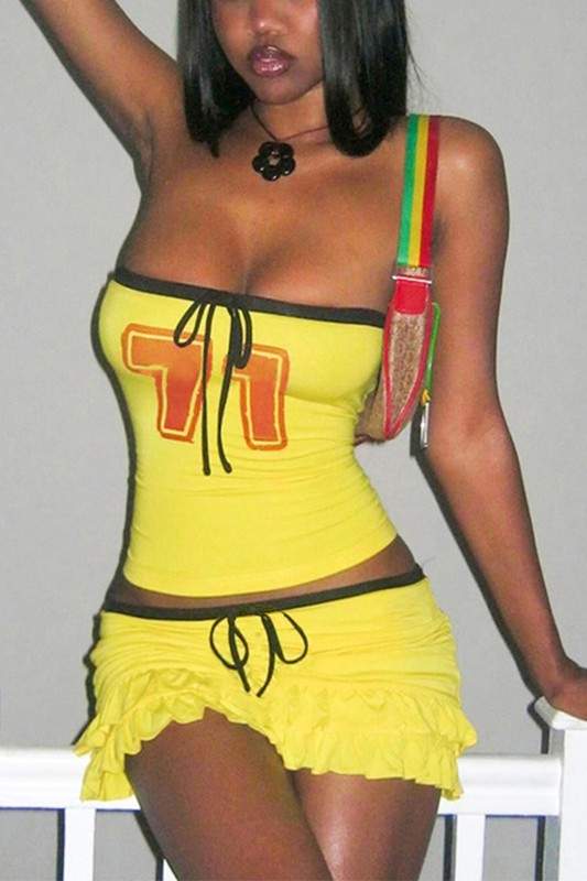 NUMBER PRINT TUBE TOP AND MINI SKIRT SET