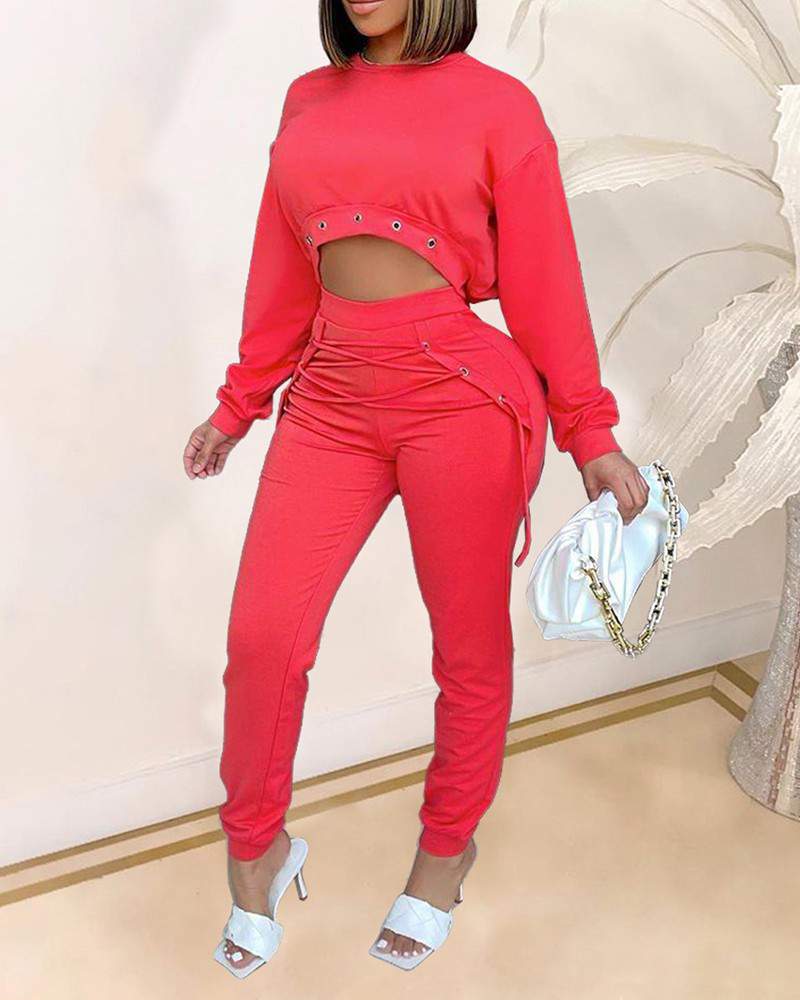 Drop Shoulder Crop Top Grommet Eyelet LaceUp Pants Set