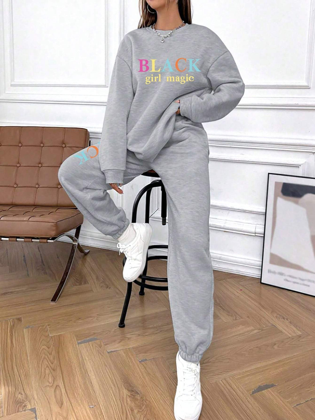 LETTER PRINTED FASHIONABLE ROUND NECK SWEATSHIRT AND PANTS SET