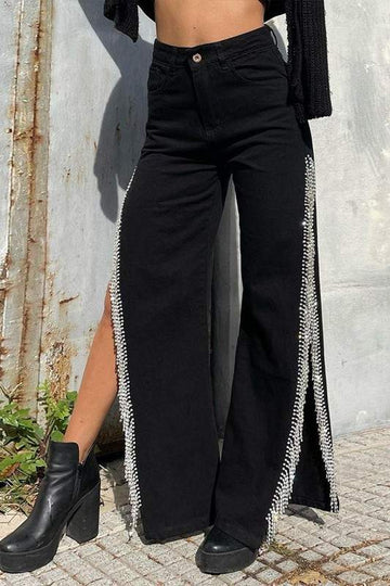 RHINESTONES FRINGES LONG JEANS