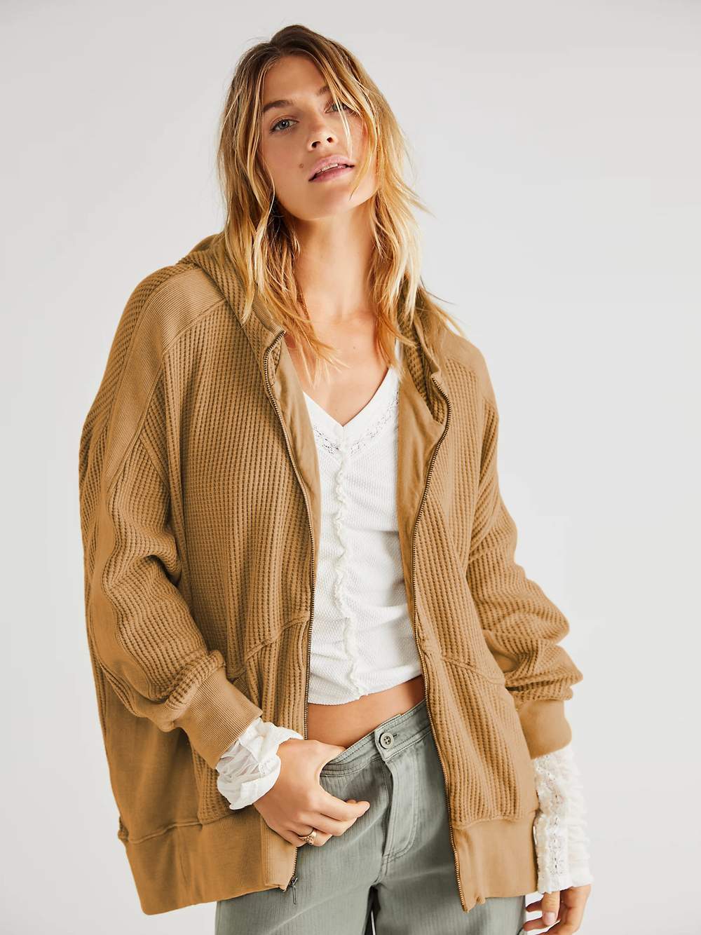 WAFFLE CARDIGAN ZIPPER SWEATER EXPLOSIONS HOME CLOTHES WEAR WOMEN S HOODIE LONG COAT