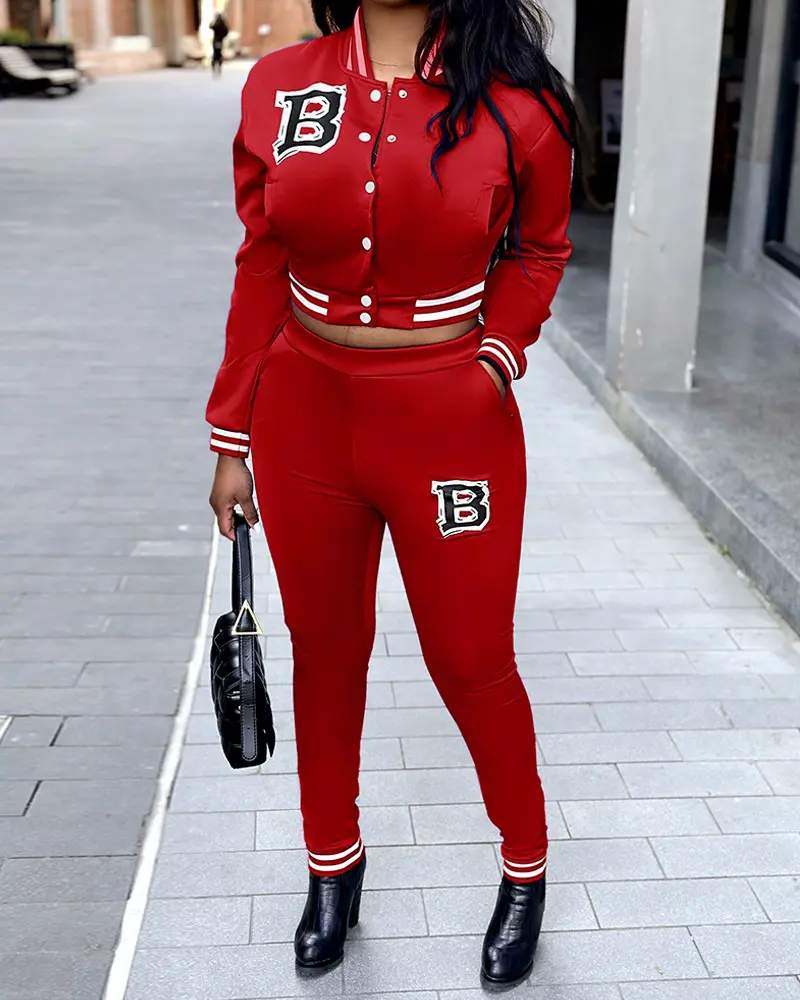 LETTER PATTERN STRIPED BASEBALL JACKET HIGH WAIST PANTS SET