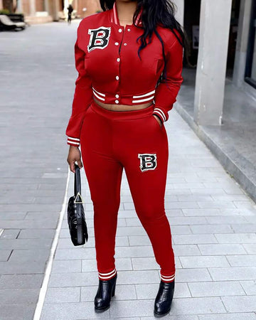 LETTER PATTERN STRIPED BASEBALL JACKET HIGH WAIST PANTS SET