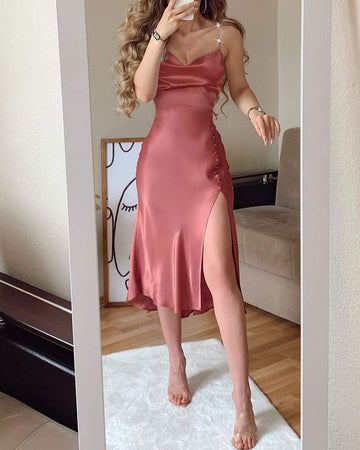 Rhinestone Strap Buttoned Cowl Neck High Slit Satin Dress
