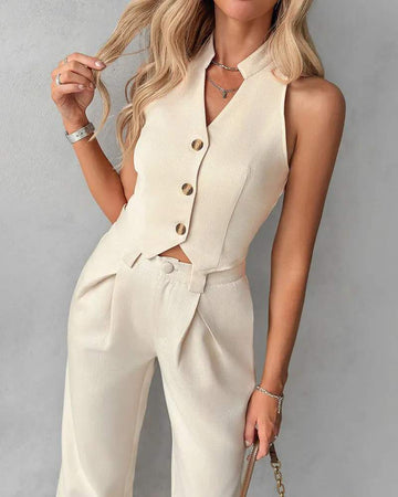 BUTTONED VEST TOP STRAIGHT LEG PANTS SET