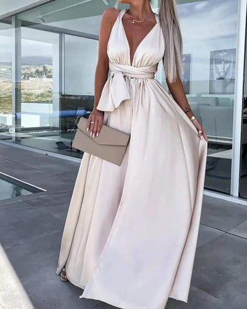 DEEP V NECK SLEEVELESS FLARED EVENING DRESS