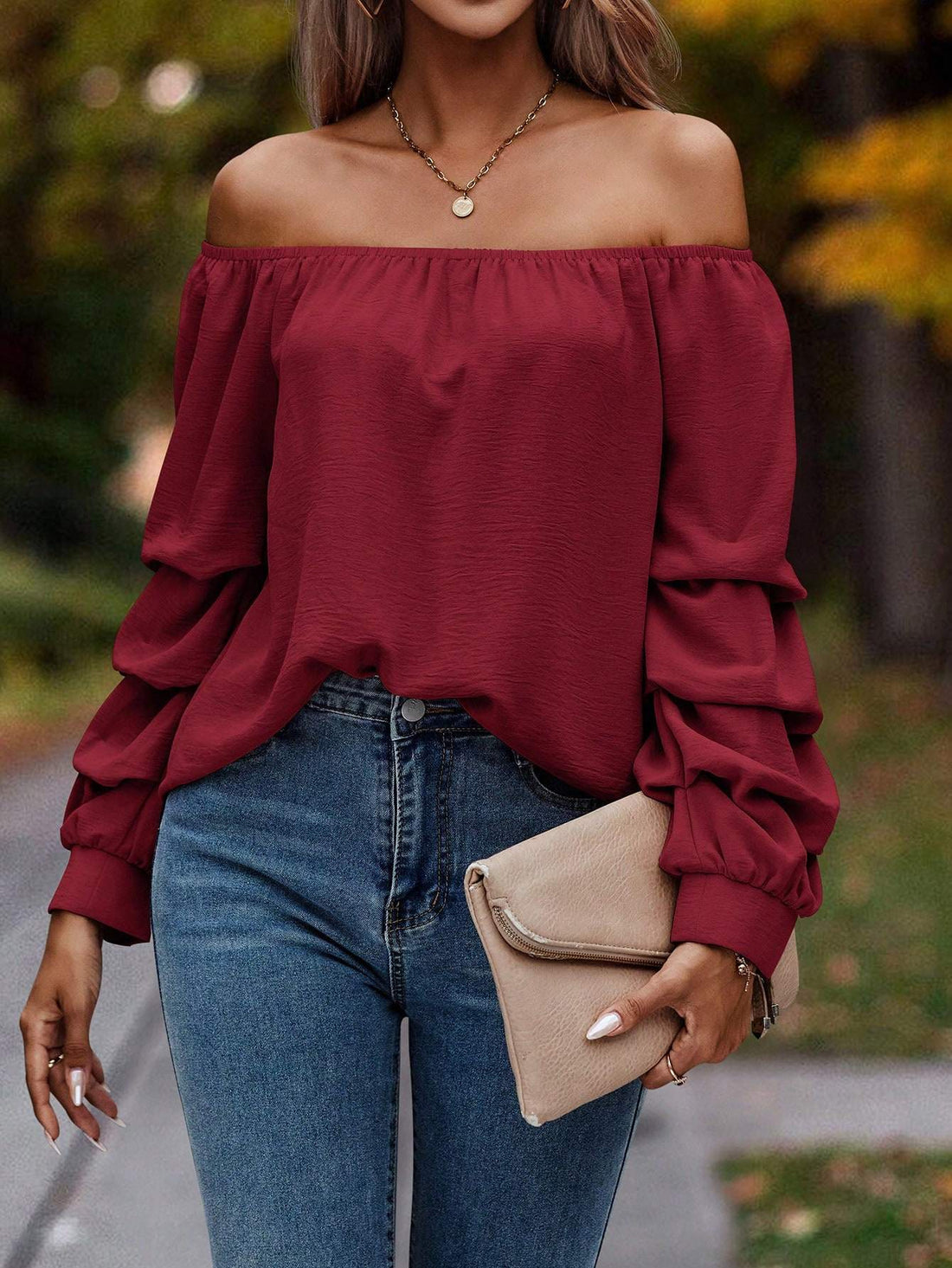 OFF SHOULDER RUCHED BISHOP SLEEVE BLOUSE