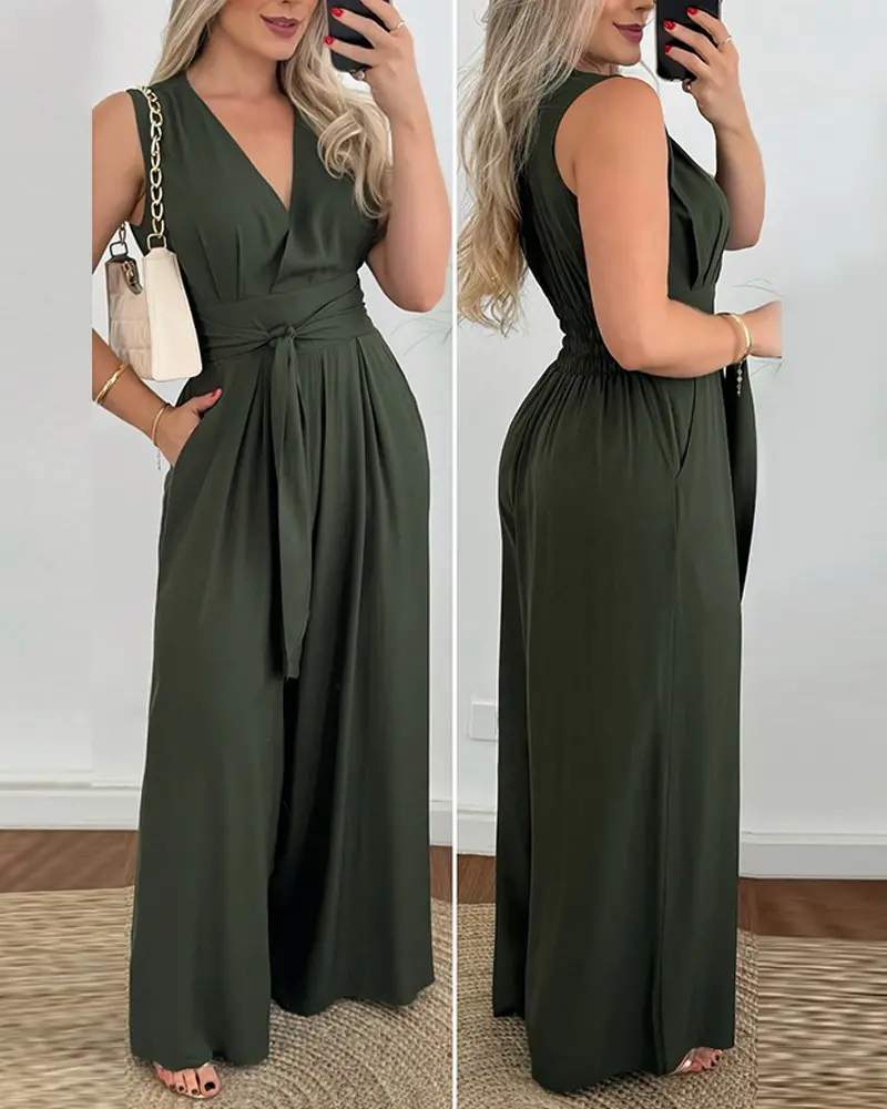 TIED DETAIL POCKET DESIGN WIDE LEG JUMPSUIT