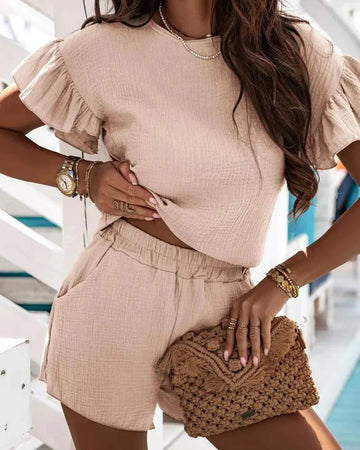 RUFFLE HEM TOP POCKET DESIGN SHORTS SET