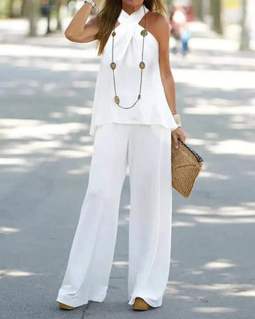 CRISSCROSS HALTER CASUAL TOP WIDE LEG PANTS SET