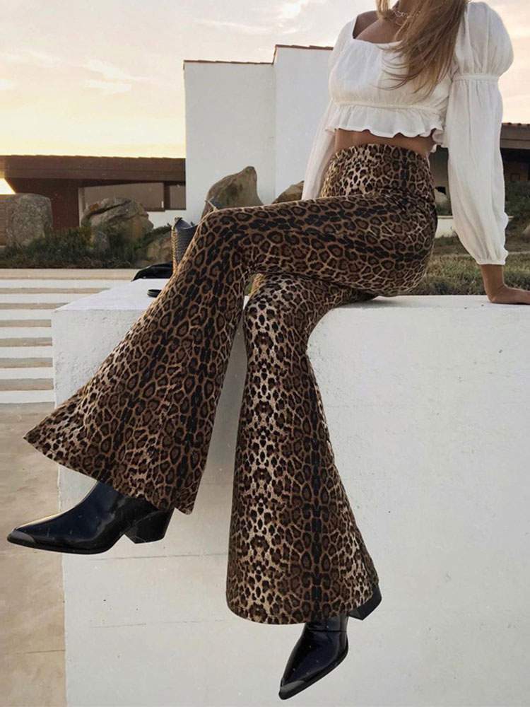 Leopard Print Pants, High Waisted Flared Trousers