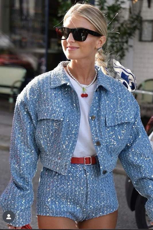 SEQUINS CROP DENIM JACKET AND SHORTS SET