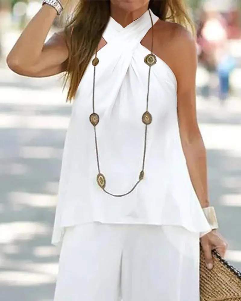 CRISSCROSS HALTER CASUAL TOP WIDE LEG PANTS SET