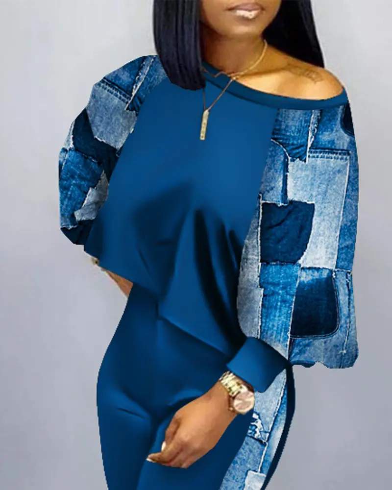 DENIM LOOK PRINT LONG SLEEVE CASUAL TOP PANTS SET