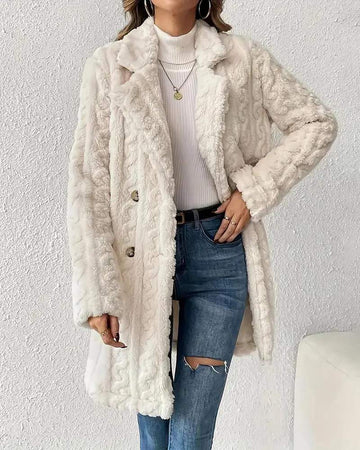 CABLE TEXTURED LAPEL NECK DOUBLE BREASTED FLEECE LONGLINE TEDDY COAT