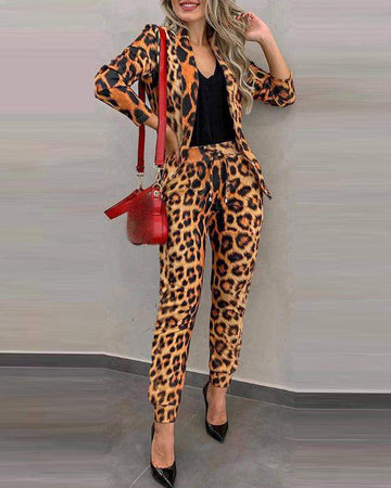 NEW Cheetah Print Blazer Coat Drawstring Pants Set