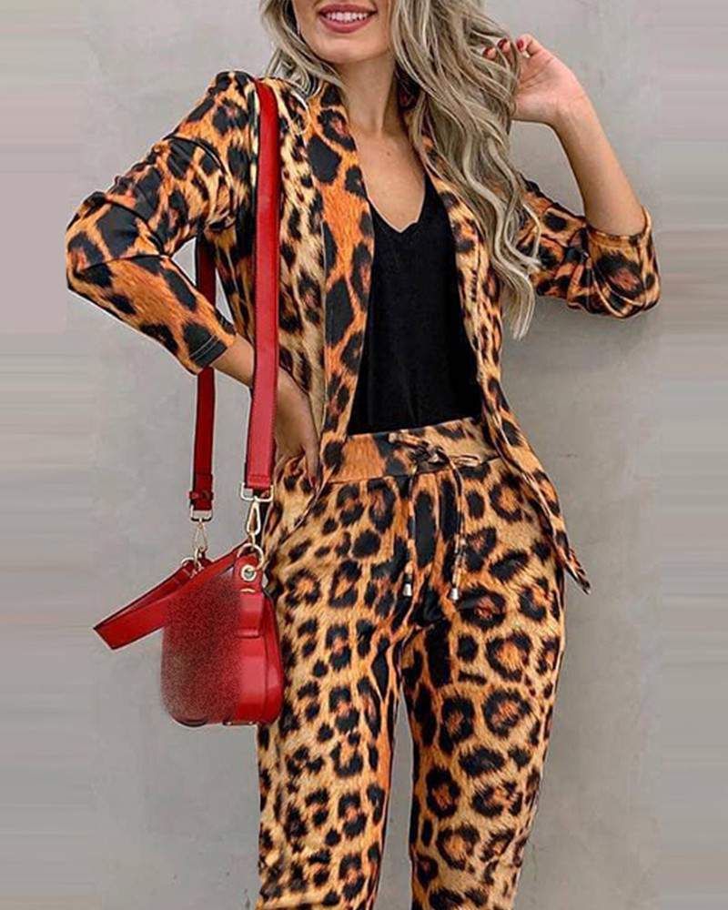 NEW Cheetah Print Blazer Coat Drawstring Pants Set