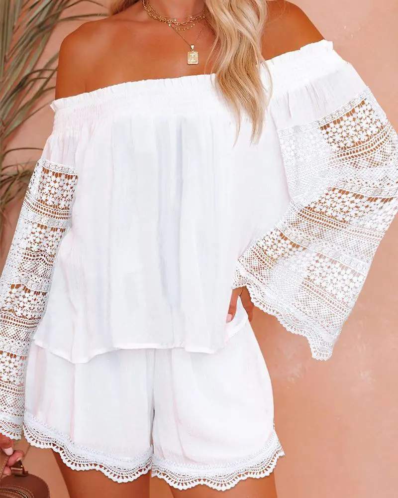 CONTRAST LACE OFF SHOULDER BELL SLEEVE TOP SHORTS SET
