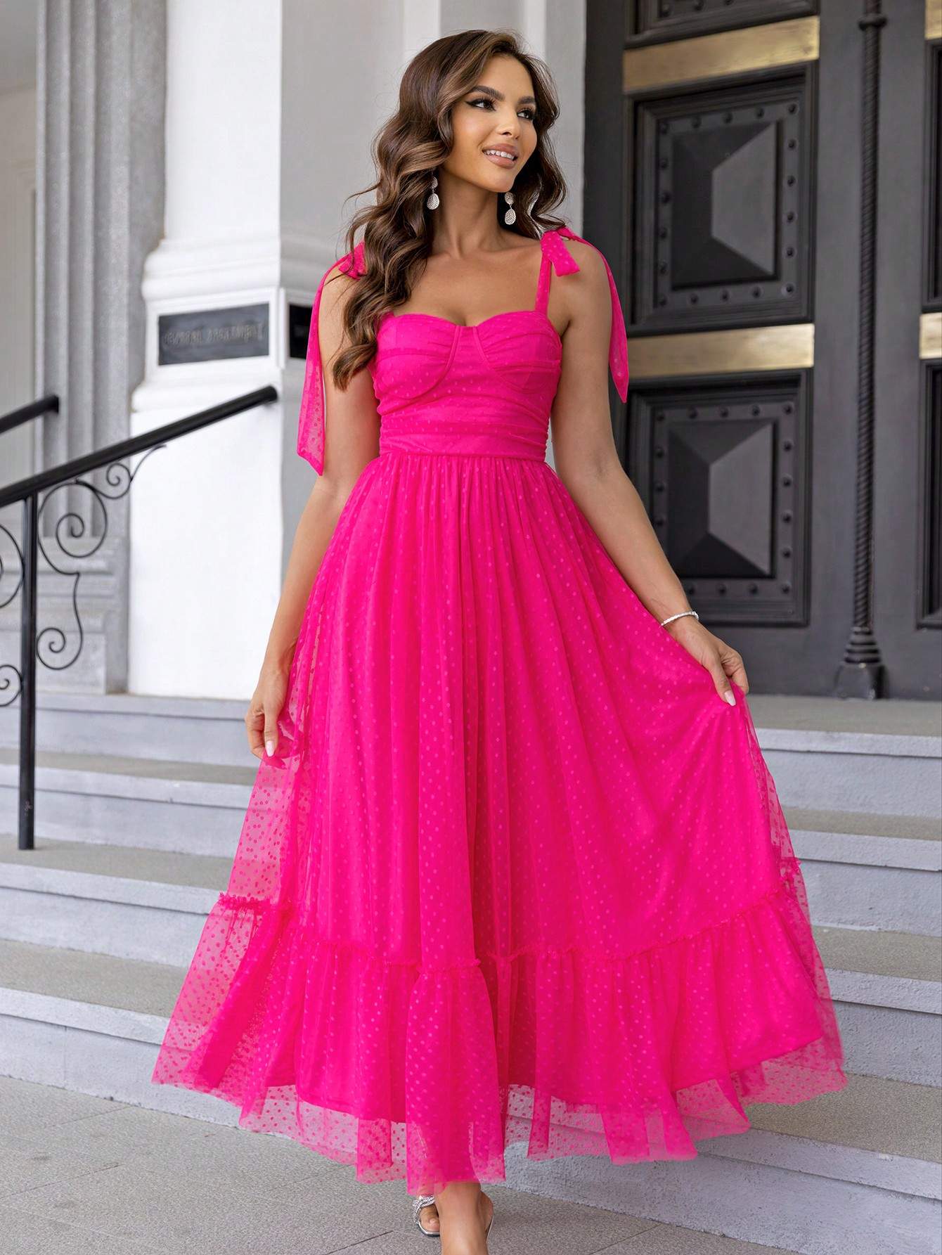 JOYFUNEAR TIE SHOULDER RUCHED BUST RUFFLE HEM MESH OVERLAY CAMI DRESS