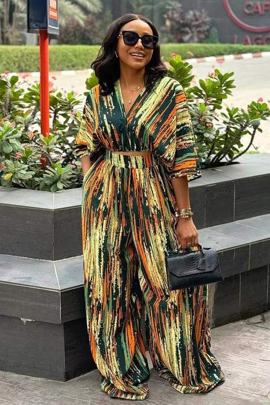 GRAPHIC V NECK SHIRT AND WIDE LEG PANTS SET