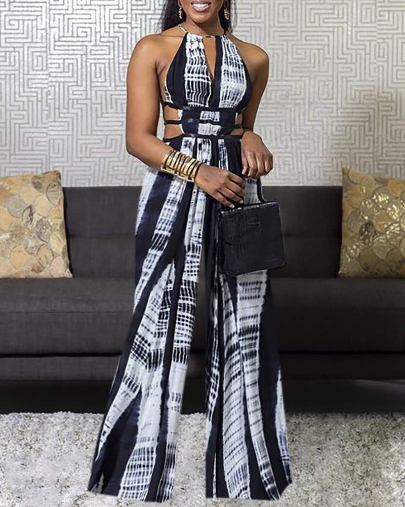 Tie Dye Print Halter Cutout Wide Leg Jumpsuit