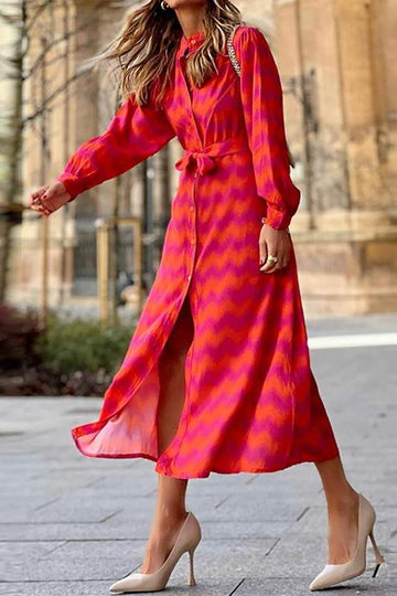 PRINT V NECK BUTTON UP BELTED MIDI DRESS