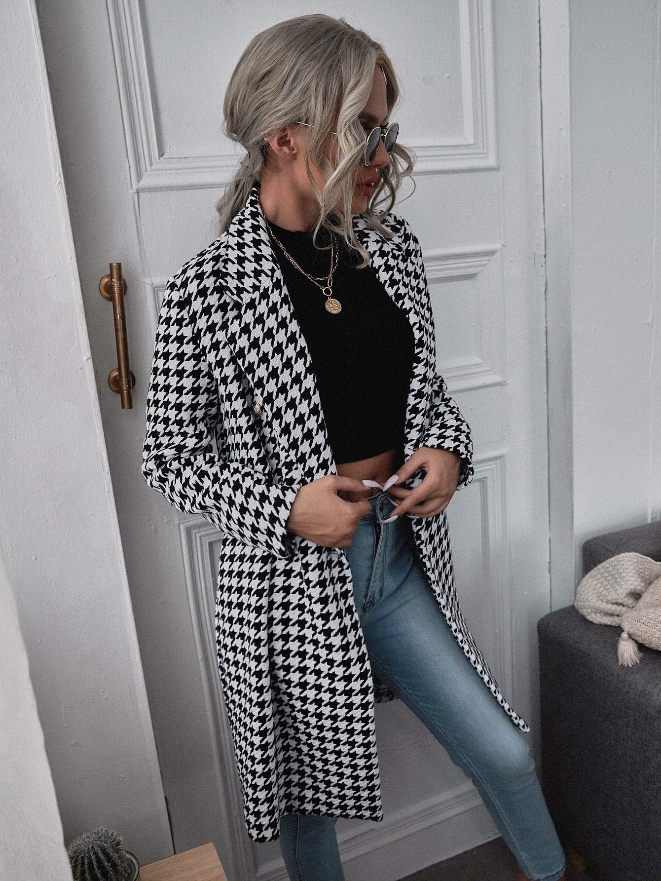 LAPEL COLLAR DOUBLE BREASTED HOUNDSTOOTH COAT