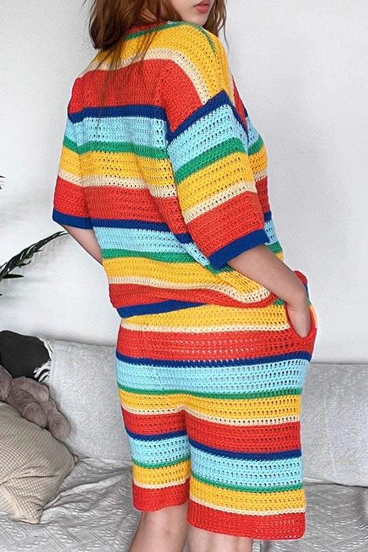 RAINBOW BUTTON UP TOP AND SHORTS SET