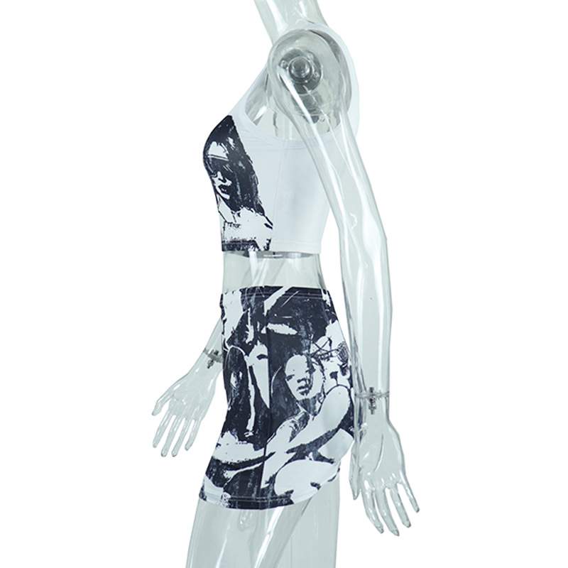 SPRING CARTOON PRINTING RIBBED TWO PIECE TANK TOP MINI SKIRT SET ROUND NECK 2 PIECES SET WOMEN S CLOTHING