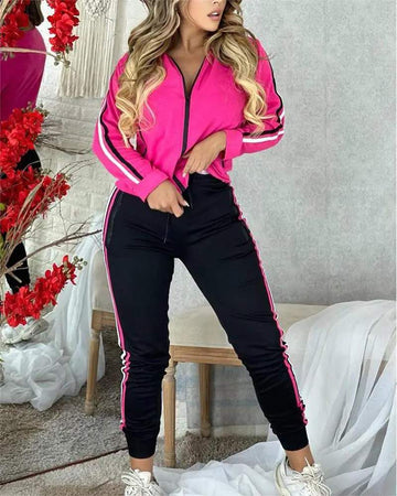STRIPED ZIPPER DETAIL JACKET PANTS SET