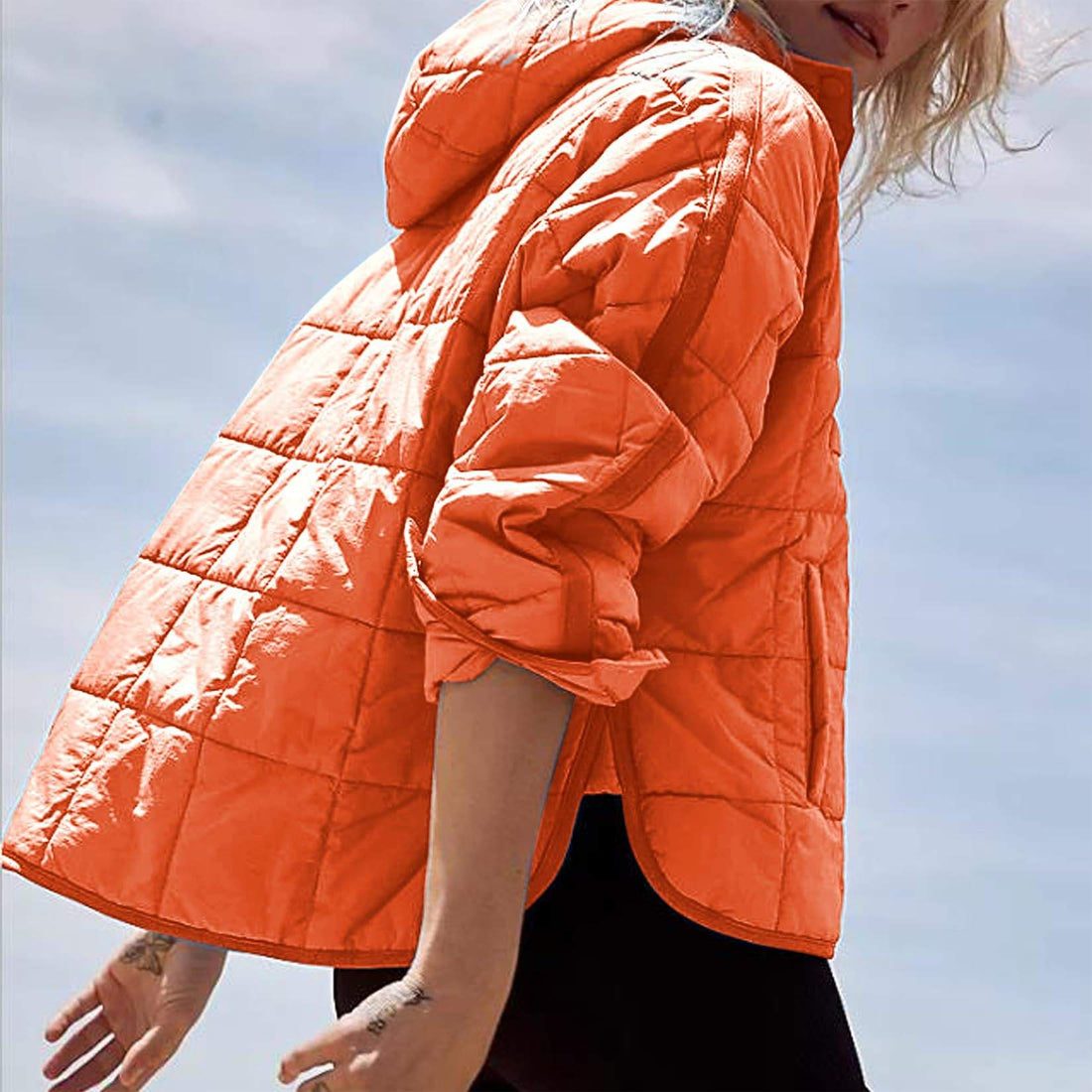 SOLID COLOR HOODED COTTON PADDED FOLDABLE PADDED PULLOVER POCKET LONG SLEEVE COAT FOR WOMEN