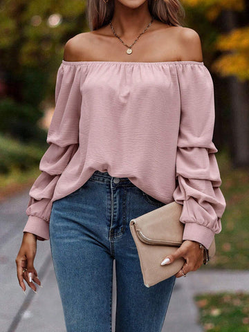 OFF SHOULDER RUCHED BISHOP SLEEVE BLOUSE