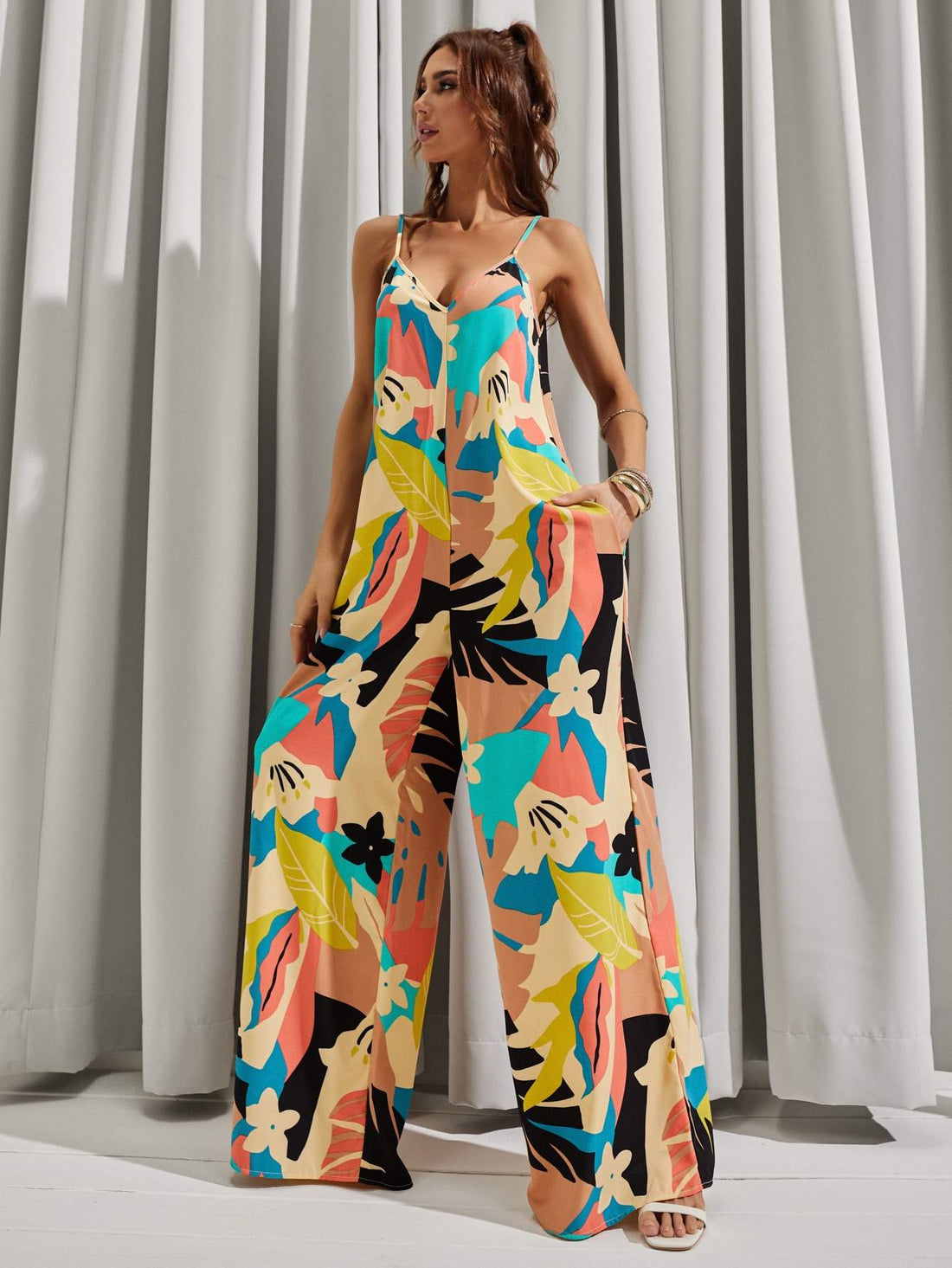 LUUKSE BACKLESS TROPICAL PRINT WIDE LEG CAMI JUMPSUIT