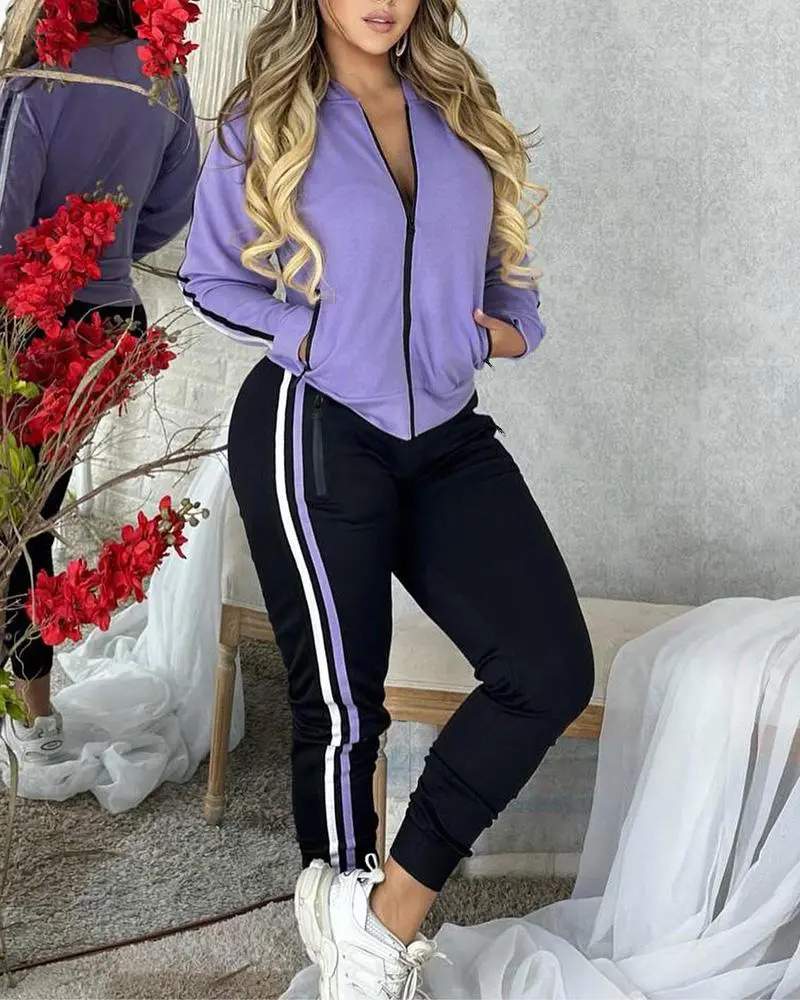 STRIPED ZIPPER DETAIL JACKET PANTS SET