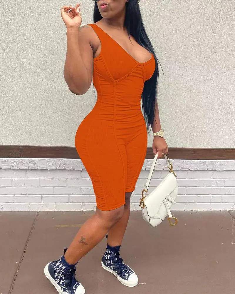 RIBBED V NECK SLEEVELESS SKINNY ROMPER
