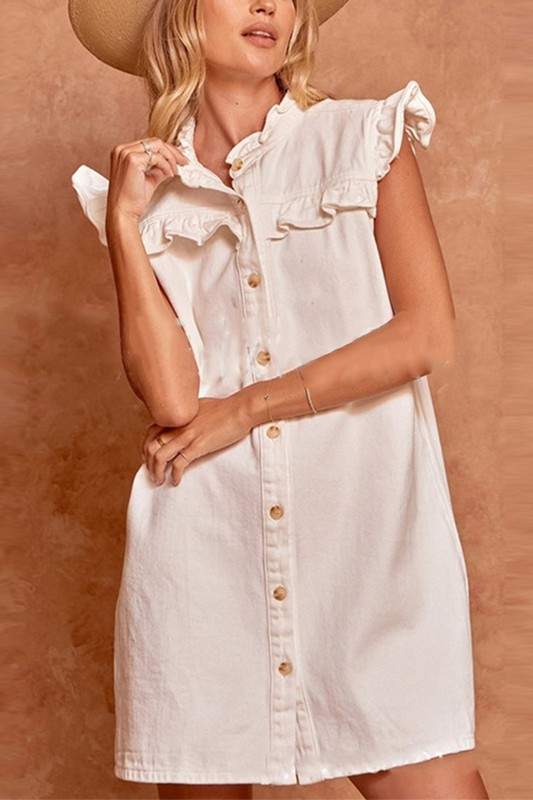RUFFLE PUFFED SLEEVE DENIM SHIRT DRESS