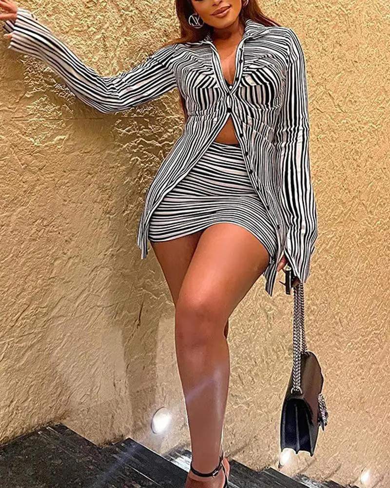 STRIPED PRINT RUCHED BUTTON DOWN SHIRT SKIRT SET