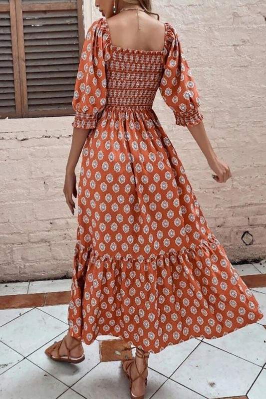 HALF PUFF SLEEVE PRINT MIDI DRESS