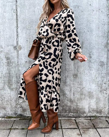LEOPARD PRINT RUFFLE HEM LANTERN SLEEVE WRAP DRESS