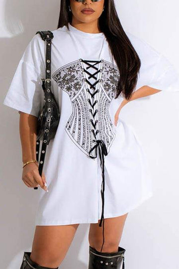 CORSET GRAPHIC DESIGN SHORT SLEEVE DRESS