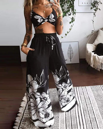 TWISTED FRONT FLORAL PRINT CROP TOP WIDE LEG PANTS SET